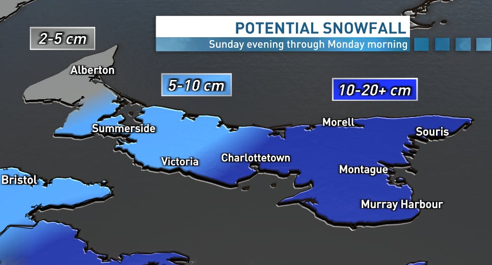 A map showing potential snowfall for P.E.I..