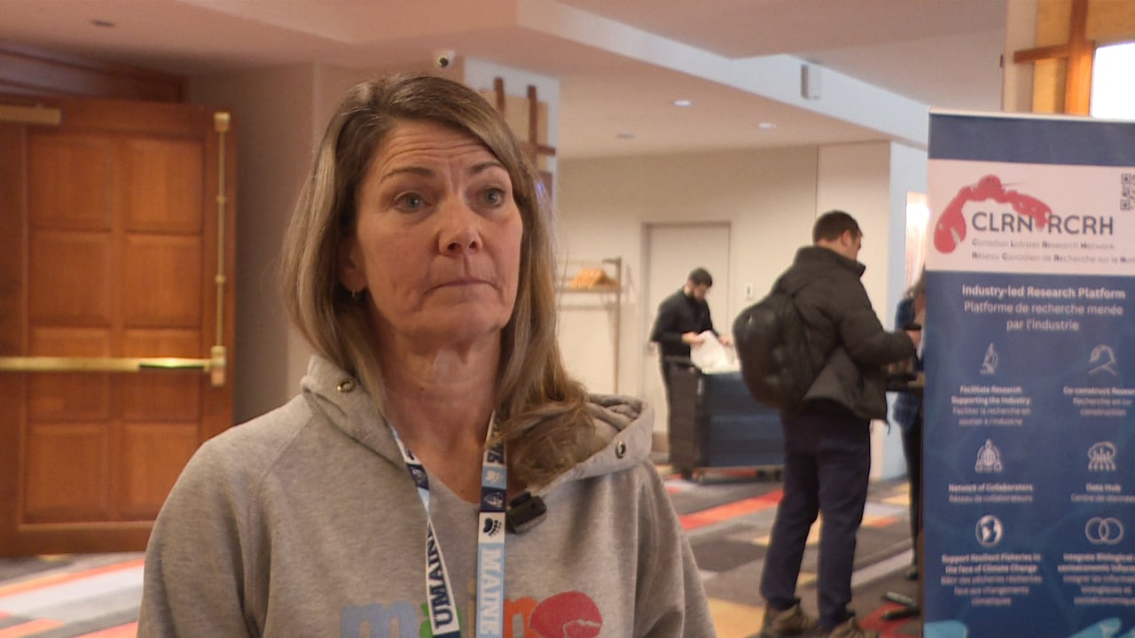 A woman with long blonde hair, wearing a grey sweater and a lanyard.