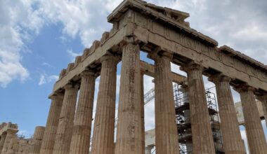 The Parthenon on the Acropolis of Athens, with restoration scaffolding visible among its Doric columns, Athens, Greece, July 26, 2024. (Photo by Koray Erdogan/Türkiye Today)