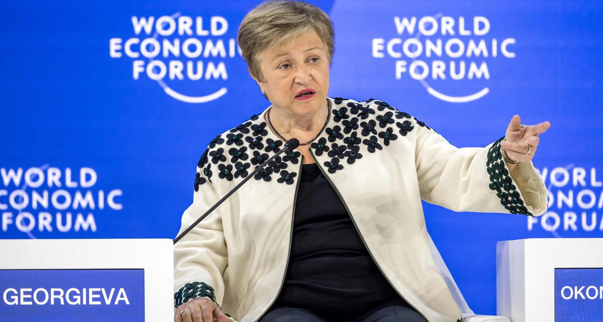 Kristalina Georgieva, managing director of International Monetary Fund (IMF), speaks during the final day of the World Economic Forum (WEF) annual meeting in Davos, Friday. AFP-Yonhap