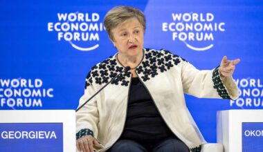 Kristalina Georgieva, managing director of International Monetary Fund (IMF), speaks during the final day of the World Economic Forum (WEF) annual meeting in Davos, Friday. AFP-Yonhap