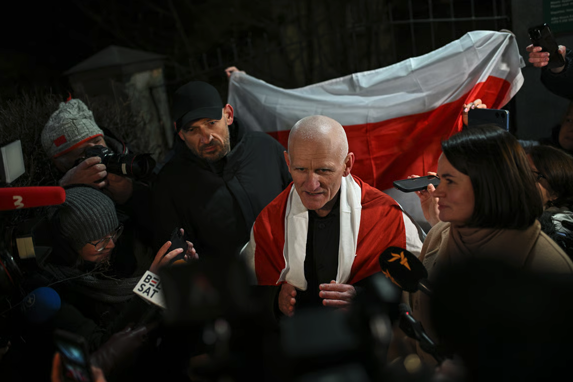 Ales Bialiatski speaks to reporters in Vilnius, Lithuania following his release from prison, 13 December 2025. Photo: Valdemar Doveiko / EPA
