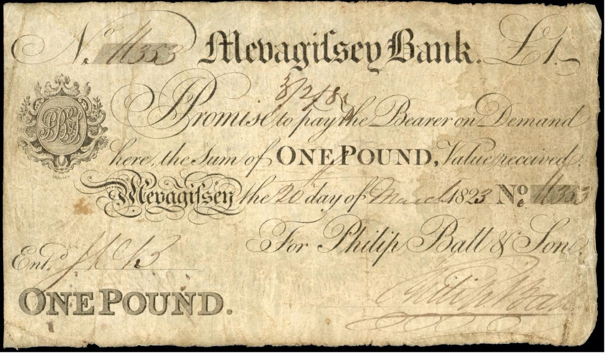 This rare 1823 £1 bank note from the Mevagissey Bank will be auctioned off by Stanley Gibbons Baldwin at its January 23, 2026 British & World Banknotes Auction