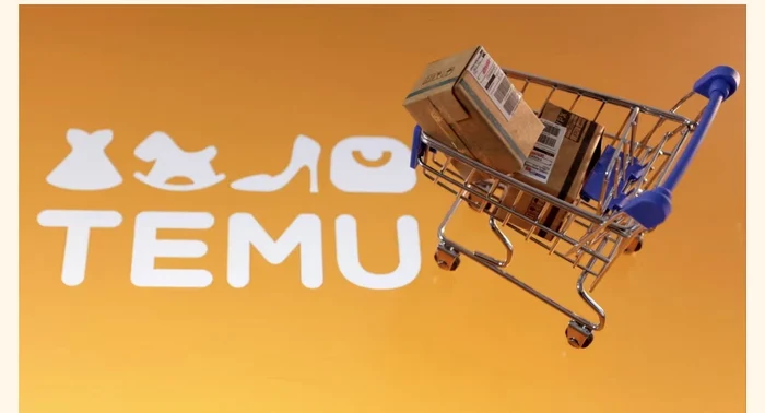 Coș de cumpărături plin cu colete, lângă sigla și incripția Temu