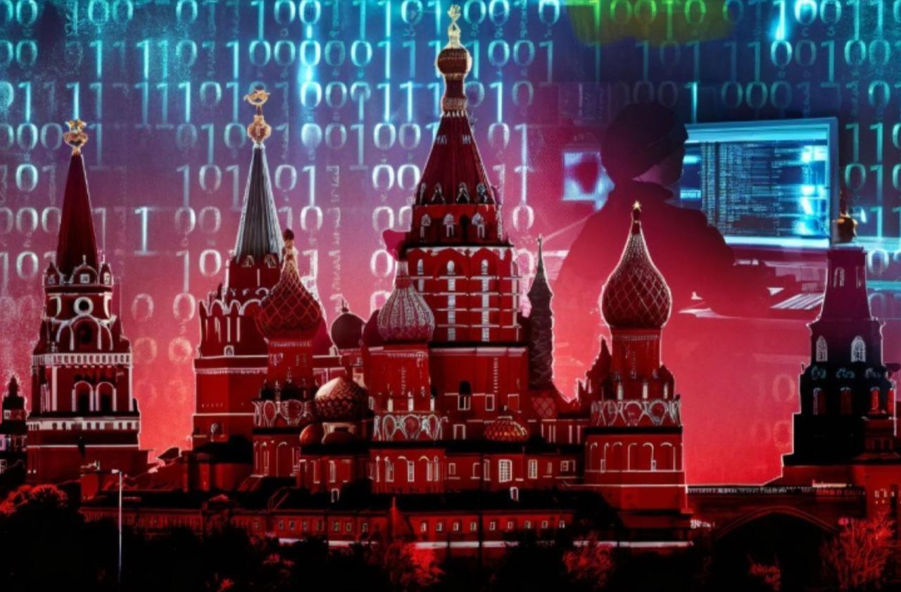 A digital composite featuring St. Basil's Cathedral in Moscow, symbolizing war in cyberspace. (Adobe Stock Photo)