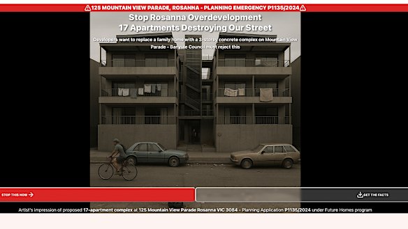 An AI-generated image of the Banyule development depicted as a grim slum, used on the website promoting a petition against the three-storey development.
