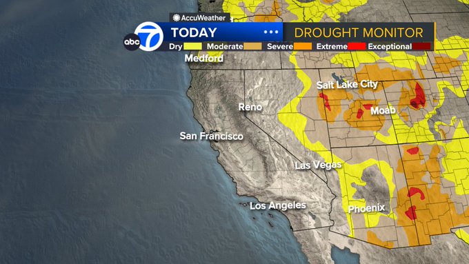 Map of California's Drought Monitor showing dryness from North to South.