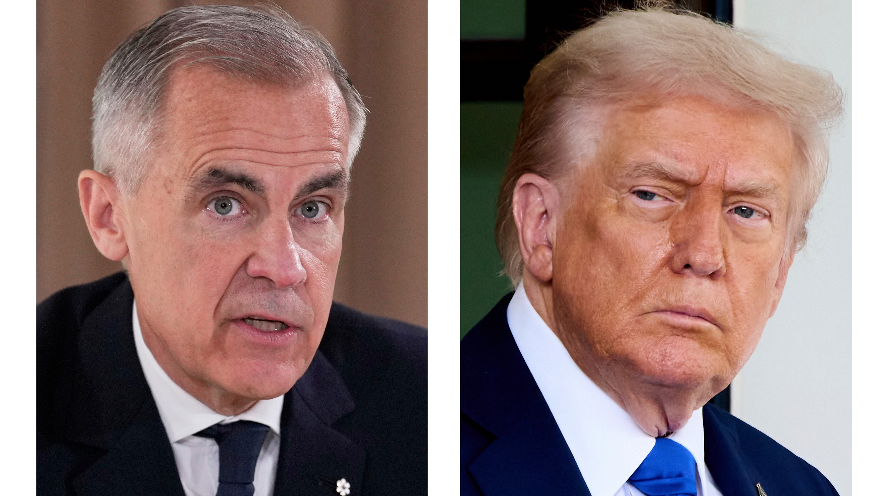 This combination of images shows Canada's Prime Minister Mark Carney on June 16, 2025, and President Donald Trump on Oct. 7, 2025.