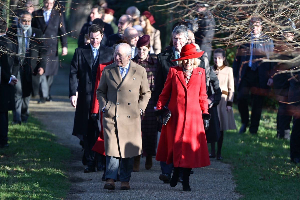 SANDRINGHAM, NORFOLK - DECEMBER 25: Jack Brooksbank, King Charles III, Princess Eugenie of York, Vice Admiral Sir Timothy Laurence and Queen Camilla attend the Christmas Morning Service at Sandringham Church on December 25, 2025 in Sandringham, Norfolk. (Photo by Jordan Peck/Getty Images)