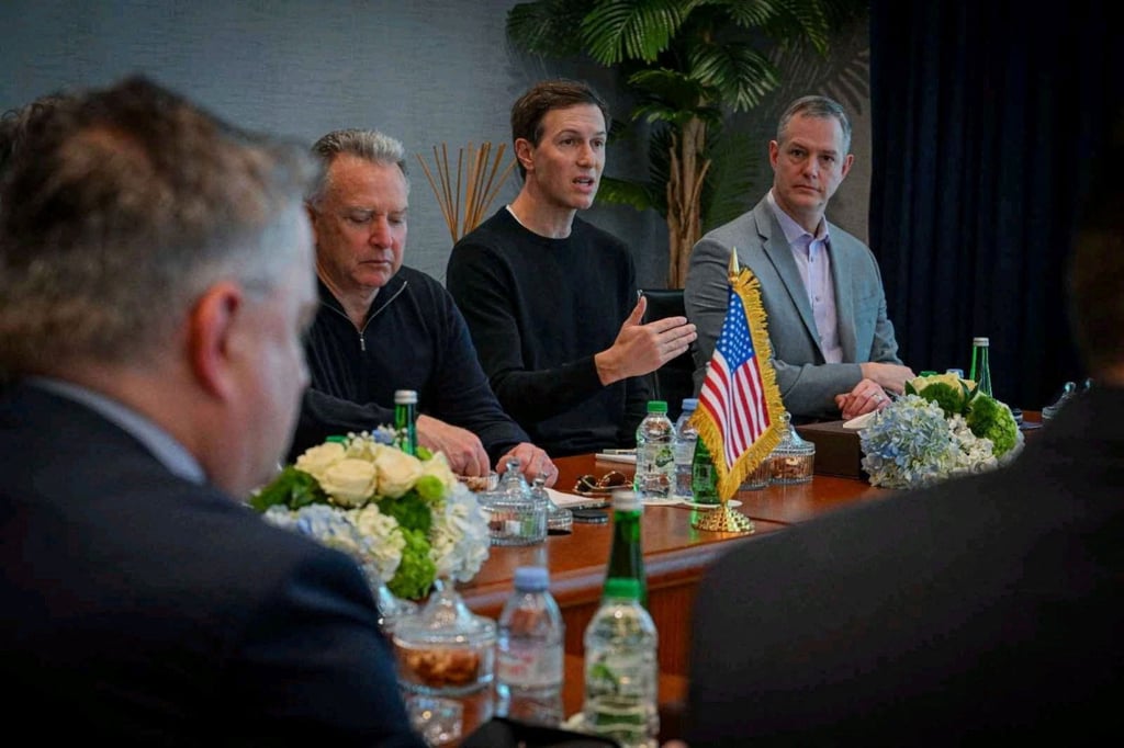Jared Kushner (centre) speaks as he sits beside US Special Envoy Steve Witkoff (second from left) during talks between the US, Russia and Ukraine in Abu Dhabi on Saturday. Photo: UAE government via Reuters