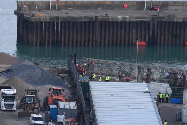 A group of people thought to be migrants are brought into the Border Force compound in Dover, Kent, by a Border Force vessel following a small boat incident in the Channel