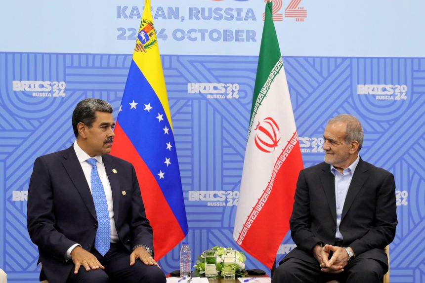 Venezuelan President Nicolas Maduro meets with Iranian President Masoud Pezeshkian on the sidelines of the BRICS summit in Kazan, Russia, on October 24, 2024.