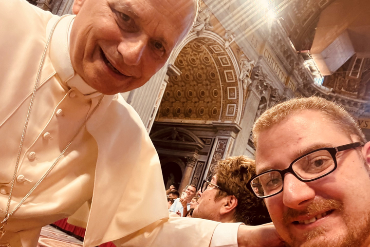 L to R: Pope Leo and Christopher Maffuccio on Aug. 20, 2025, at St. Peter’s Basilica.