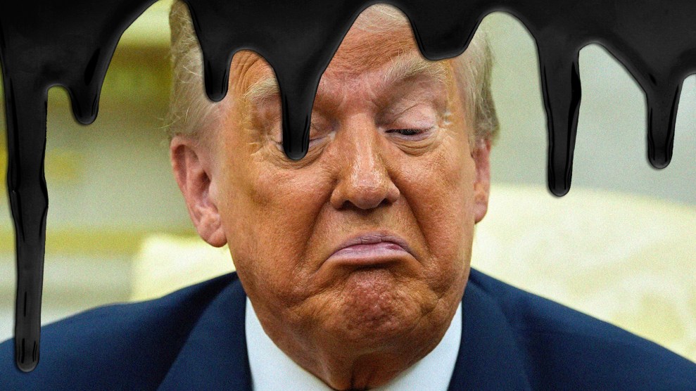 Close-up of Donald Trump frowning, while black oil drips down the photo, covering part of his face.