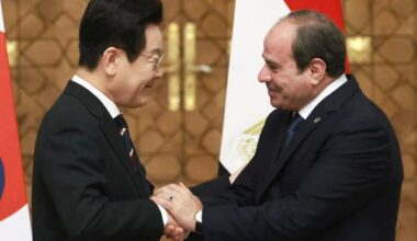 South Korean President Lee Jae-myung and Egyptian President Abdel Fattah el-Sisi shake hands during a joint press conference at the Presidential Palace in Cairo on November 20 2025 YONHAP