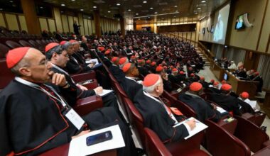 Cardinals meet with Pope Leo XIV in the third session of the consistory on Jan. 8, 2025, at the Vatican.