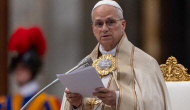 Pope Leo speaks during second vespers at St. Paul at the Basilica of St. Paul Outside the Walls on Jan. 25, 2026.