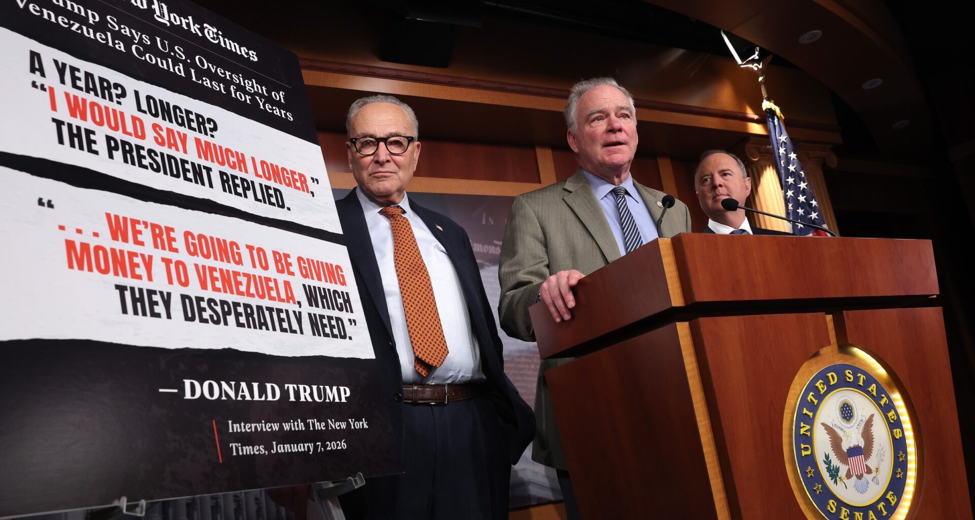 (L-R) Senate Minority Leader Chuck Schumer (D-New York), U.S. Sen. Tim Kaine (D-Virginia) and Sen. Adam Schiff (D-California) hold a news conference on the Venezuela War Powers Resolution at the U.S. Capitol on January 8, 2026 in Washington, D.C.