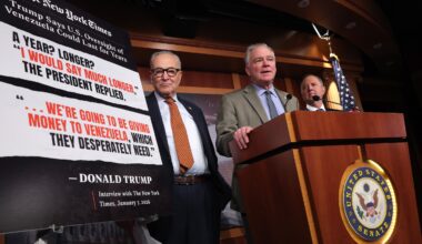 (L-R) Senate Minority Leader Chuck Schumer (D-New York), U.S. Sen. Tim Kaine (D-Virginia) and Sen. Adam Schiff (D-California) hold a news conference on the Venezuela War Powers Resolution at the U.S. Capitol on January 8, 2026 in Washington, D.C.
