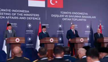 Defense Minister Sjafrie Sjamsoeddin (from left), Foreign Minister Sugiono, Turkish Foreign Minister Hakan Fidan and Turkish Defense Minister Yaşar G&uuml;ler address a press briefing after a 2+2 meeting in Ankara, Turkey on Jan. 9, 2026. During the meeting, the ministers reaffirmed commitment to deepen bilateral cooperation across multiple sectors, including defense.