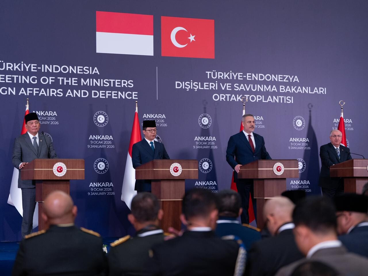 Defense Minister Sjafrie Sjamsoeddin (from left), Foreign Minister Sugiono, Turkish Foreign Minister Hakan Fidan and Turkish Defense Minister Yaşar G&uuml;ler address a press briefing after a 2+2 meeting in Ankara, Turkey on Jan. 9, 2026. During the meeting, the ministers reaffirmed commitment to deepen bilateral cooperation across multiple sectors, including defense.