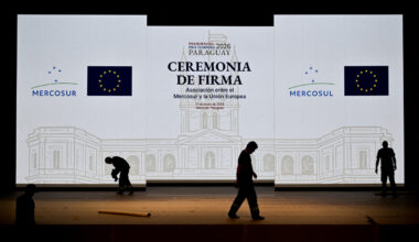 Workers set up the stage for the signing ceremony of the agreement between the European Union and Mercosur at the Gran Teatro Jose Asuncion Flores of Paraguay's Central Bank in Asuncion on January 16, 2026. The South American bloc Mercosur and the European Union will sign a deal on Jan. 17, 2026, 25 years in the making, to create one of the world's biggest free trade areas at a time of growing protectionism and volatility.