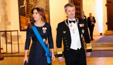 Queen Mary of Denmark glitters in her diamond wedding tiara as she joins husband King Frederik at a state banquet in Estonia