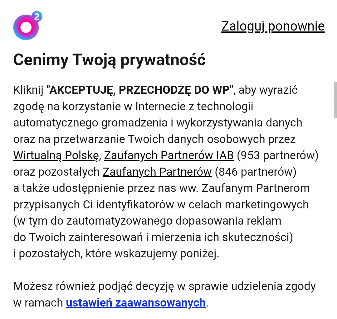 Jak miło, Wirtualna Polska szcza na Unijne dyrektywy dotyczące zbierania danych osobowych!