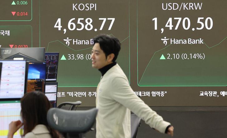 The right side of an electronic trading board at Hana Bank headquarters in central Seoul shows the won  at the 1,470-level per dollar during intraday trading, Tuesday. The Korean currency closed at 1,473.7 won per dollar. Yonhap 
