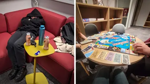 Amelka Zambrzycka A composite image. The first is a student taking a nap on a red couch in the commuters lounge. The second is a group of three students socialising, and playing monopoly.