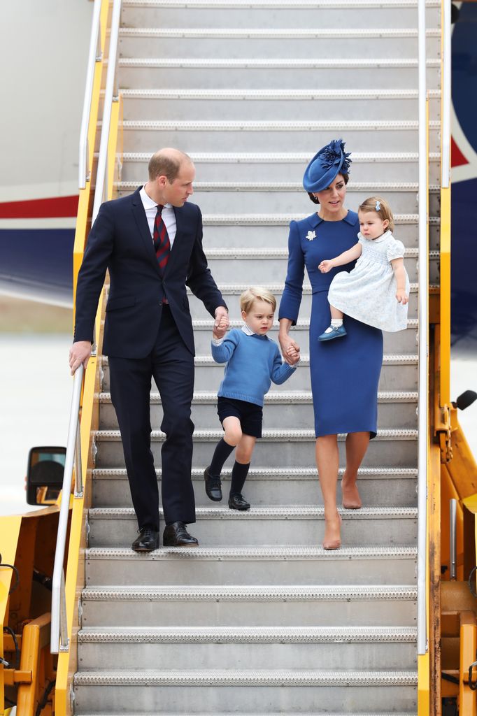 Prince William, Duke of Cambridge, Catherine, Duchess of Cambridge, Prince George of Cambridge and Princess Charlotte of Cambridge arrive at the Victoria Airport on September 24, 2016 in Victoria, Canada. 