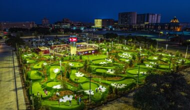 A birds-eye view of PopStroke in College Station shows the mini-golf courses, outdoor dining areas and entertainment spaces headed to Cedar Park. (Courtesy PopStroke)