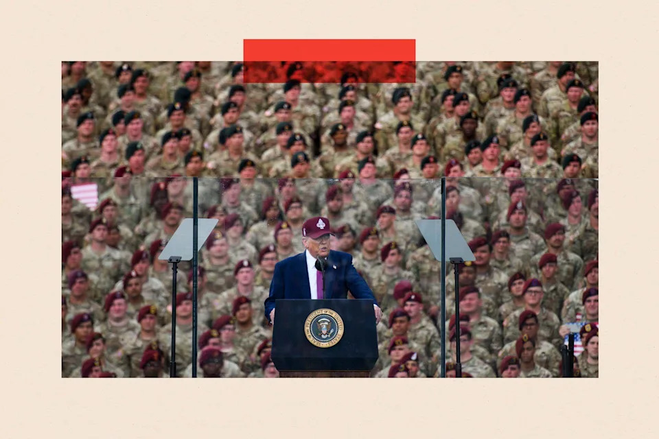 US President Donald Trump addresses a crowd of servicemen and women 

