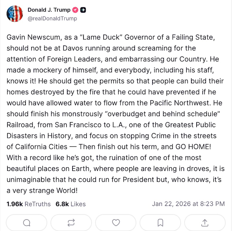 Trump accused Newsom of "embarrassing our Country" with his Davos counter-programming.