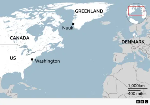 Map showing the location of Greenland and the capital Nuuk, relatively to Denmark, Canada and the United States. Also labelled is the US capital Washington.