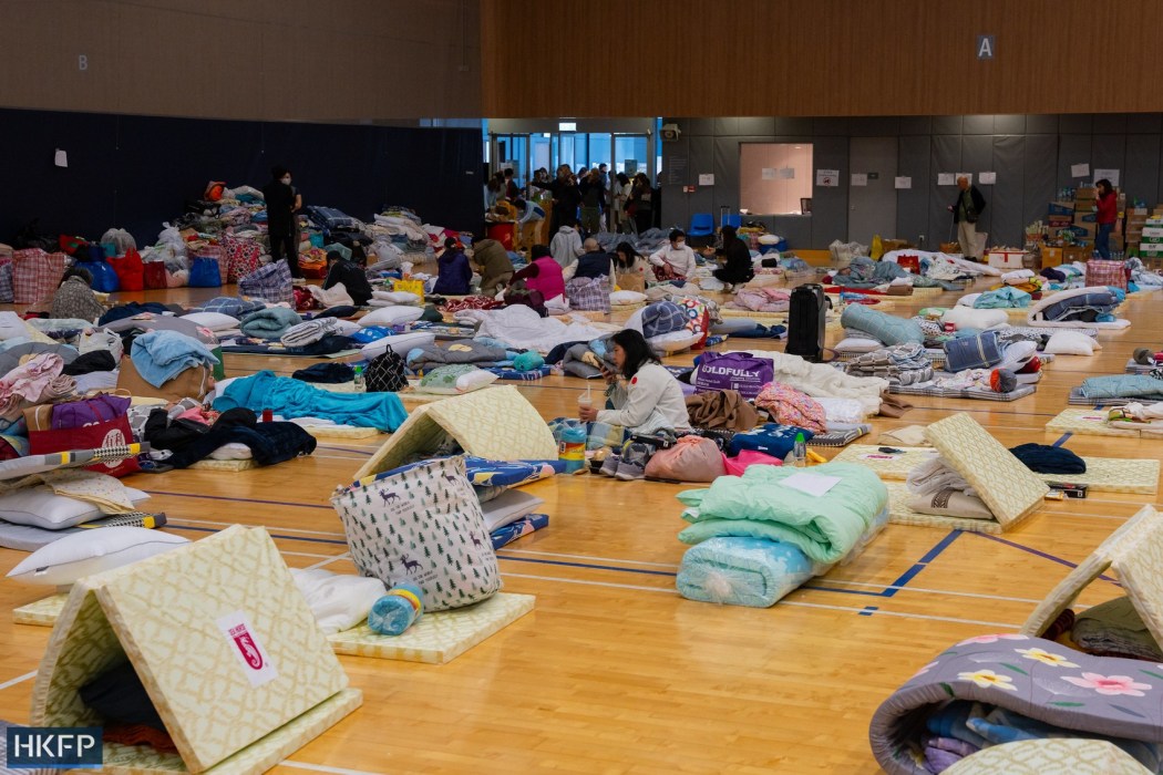 Tung Cheong Street Sports Centre turns into a temporary shelter in Tai Po for residents affected by the Wang Fuk Court fire on November 27, 2025. Photo: Kyle Lam/HKFP.