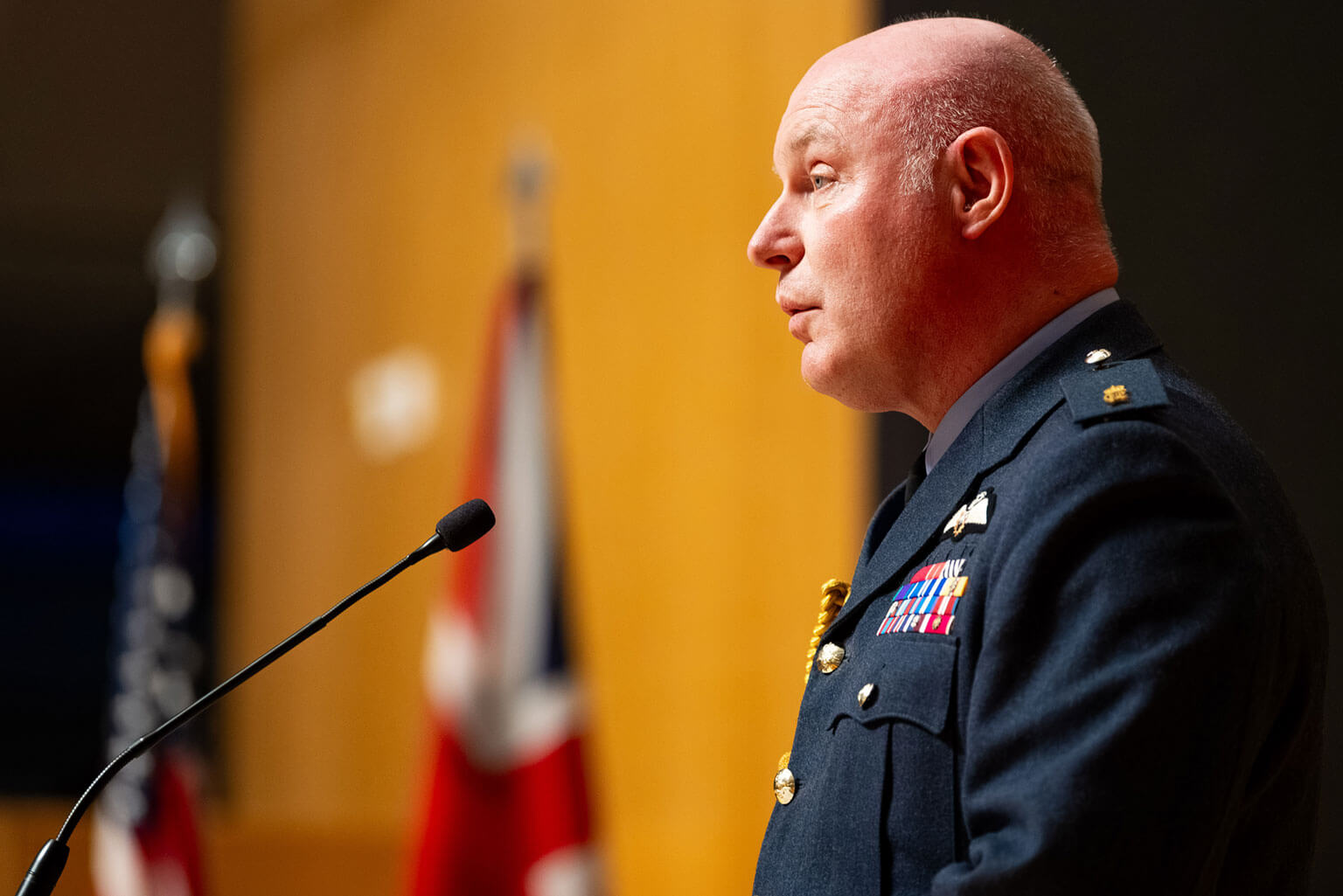 Air Chief Marshal Sir Harvey Smyth, Royal Air Force Chief of the Air Staff, makes remarks during the presentation of the Battle of Britain plaque, in Polaris Hall at the U.S. Air Force Academy, Colo., on Jan. 16, 2026. Smyth highlighted the lasting alliance between the United Kingdom and the United States formed during the battle and sustained beyond it. (U.S. Air Force photo by Ray Bahner)