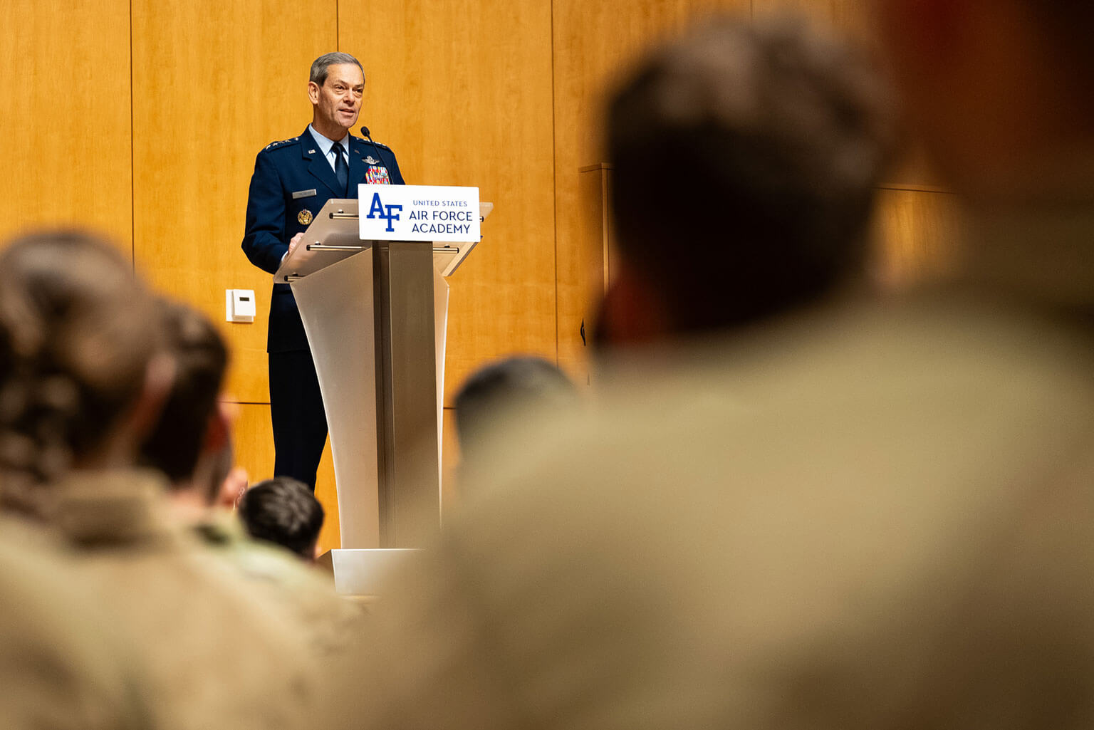 U.S Air Force Chief of Staff Gen. Ken Wilsbach, addresses cadets, faculty and staff in Polaris Hall during The Battle of Britain Plaque Ceremony at the U.S. Air Force Academy, Colo., on Jan. 16, 2026. Wilsbach emphasized the plaque’s powerful reminder that leadership begins with character, and that alliances are forged in shared risk. (U.S. Air Force photo by Ray Bahner)