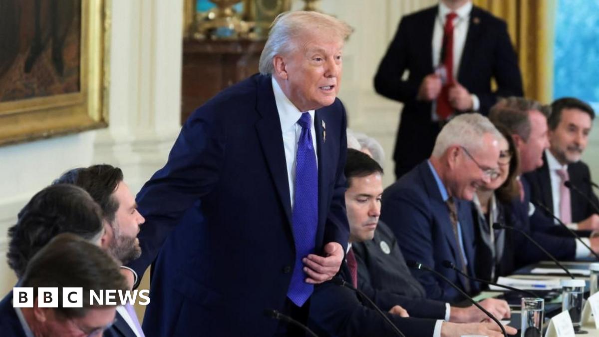Donald Trump stands, one hand on his blue tie, at a table at which several other people are seated, in a formal room in the White House.