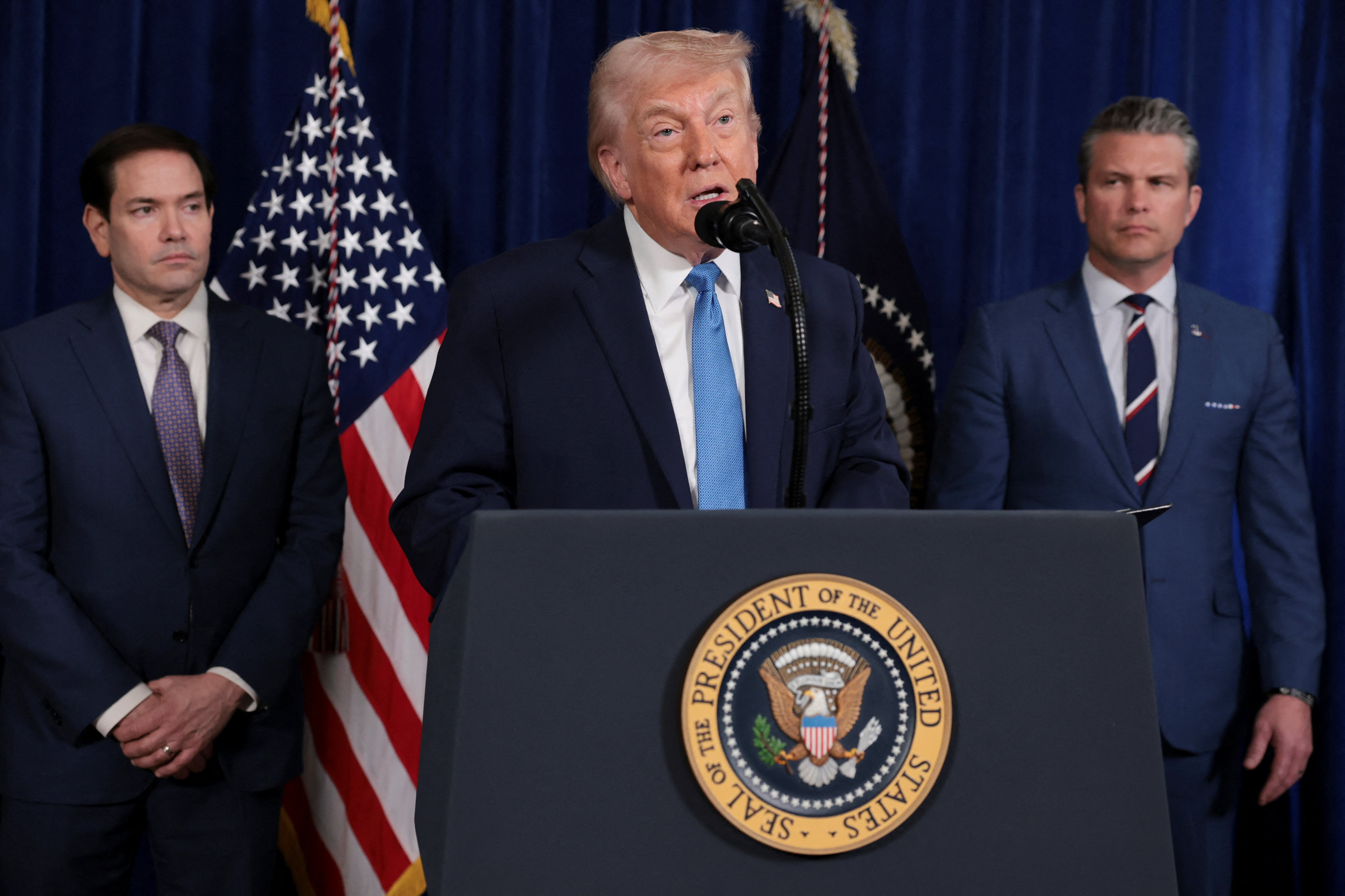 Trump addressed the press after Operation Venezuela on January 3. He was seen with Foreign Minister Marco Rubio (left) and Defense Minister Pete Hegseth (right).