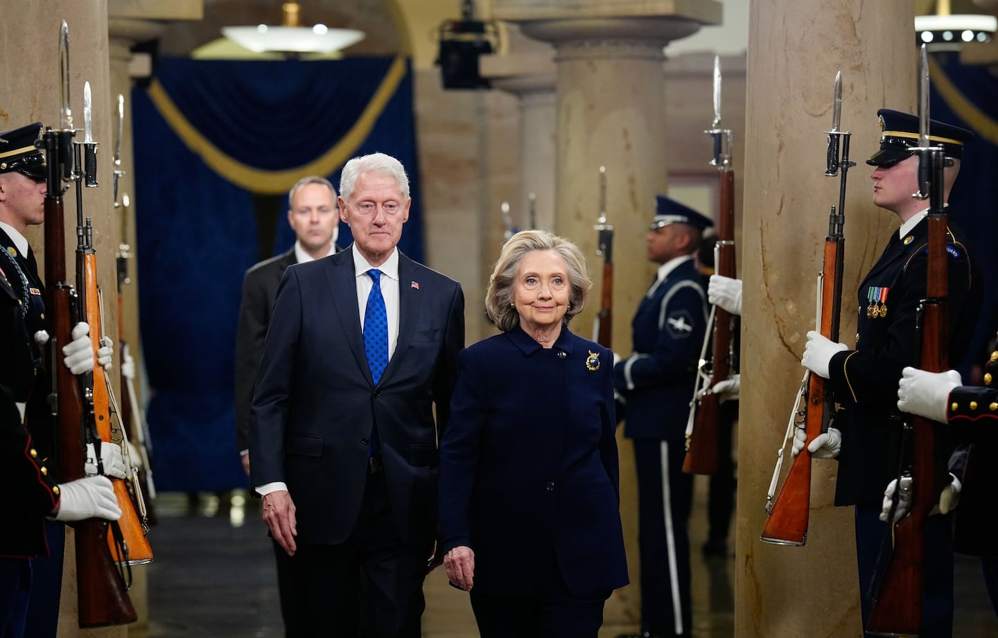 Former president Bill Clinton and former Secretary of State Hillary Clinton arrive at the Capital in Washington on Jan. 20, 2025 for Donald Trump's swearing in as the 47th president of the United States. 