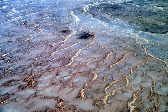 An aerial view of the vast expanse of Kati Thanda–Lake Eyre in South Australia’s far north.