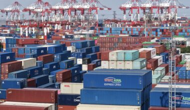 Shipping containers await ships at the Shanghai Port container terminal.