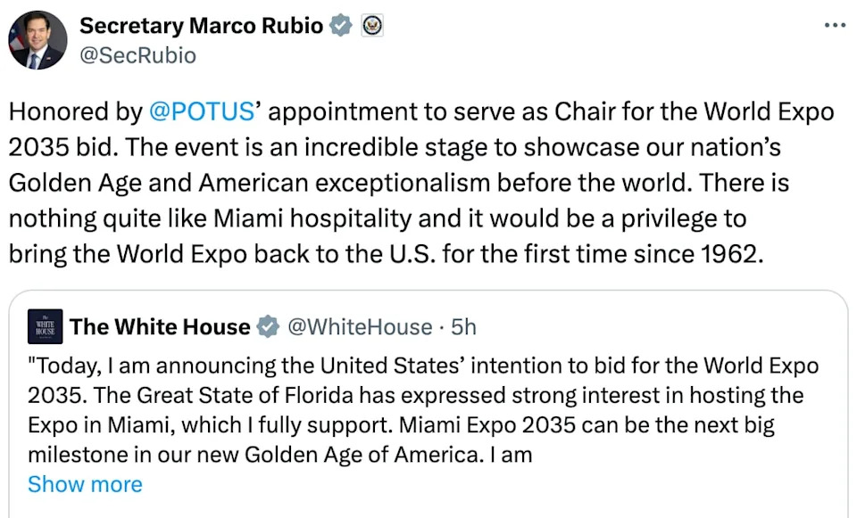 Rubio said he was honored by the appointment. / Marco Rubio on X