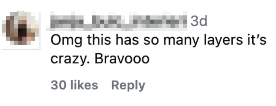 Comment reads: "Omg this has so many layers it’s crazy. Bravo." 30 likes
