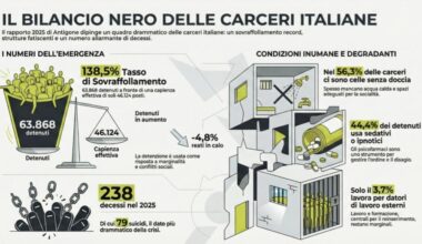 Carceri, il report di Antigone: 79 suicidi nel 2025, sovraffollamento al 138,5%, nel 45% degli istituti mancano acqua calda o si registrano condizioni igieniche non adeguate