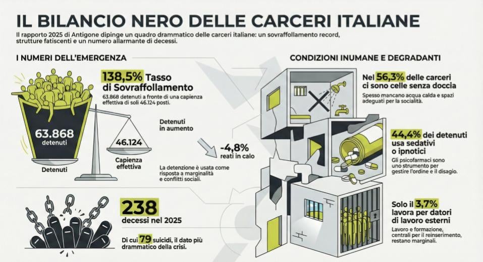 Carceri, il report di Antigone: 79 suicidi nel 2025, sovraffollamento al 138,5%, nel 45% degli istituti mancano acqua calda o si registrano condizioni igieniche non adeguate