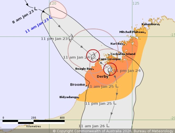 A map from the Bureau shows the projected travel path for the cyclone. 