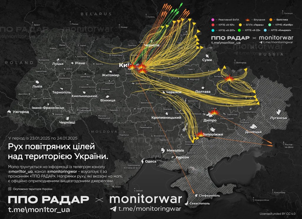Illustration of missile and drone attack directions across Ukraine.