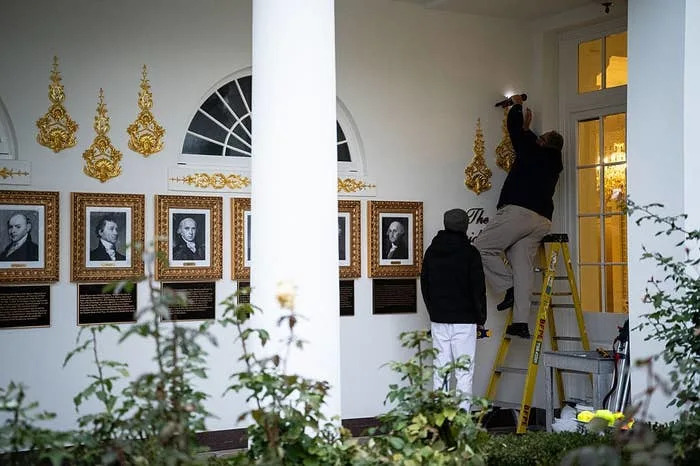 Two workers adjust decorations and lighting on a wall with framed historical portraits mounted below ornate embellishments